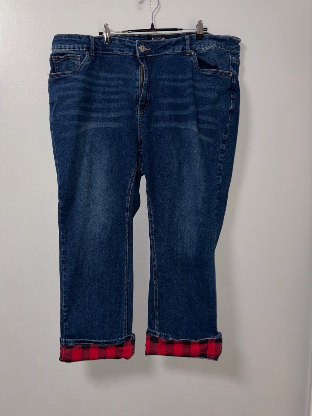 BloomChic Cropped Fading Blue Jeans Black Red Buffalo Plaid Cuffs Plus Size 24